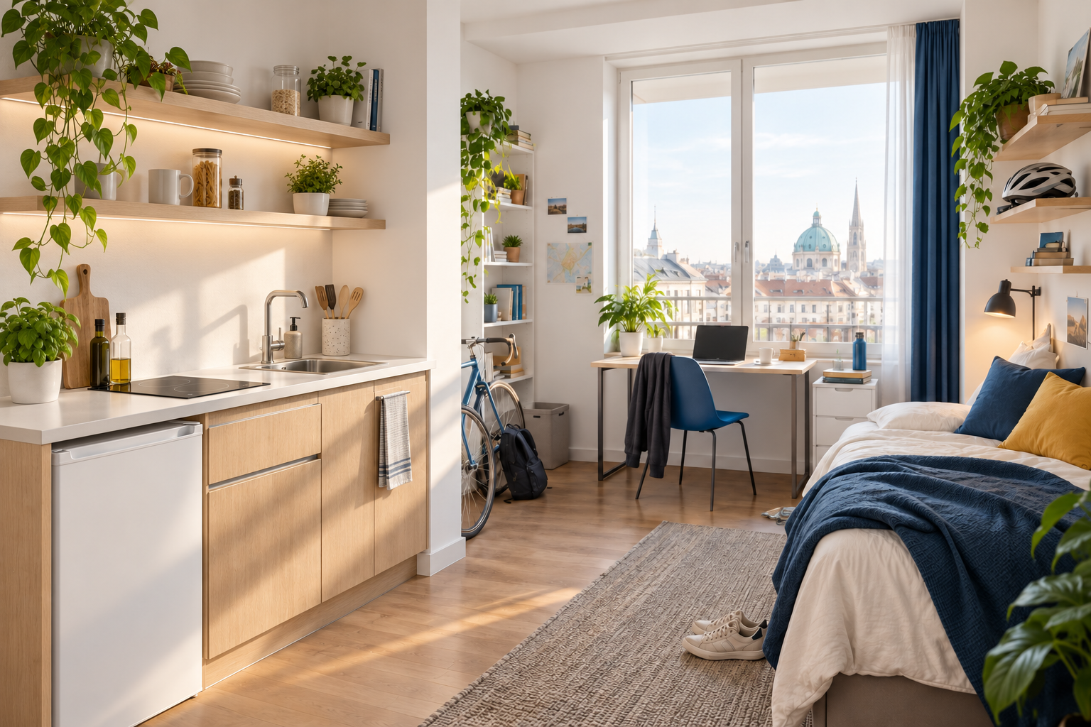 A bright Vienna student studio with a compact kitchenette, desk and bed